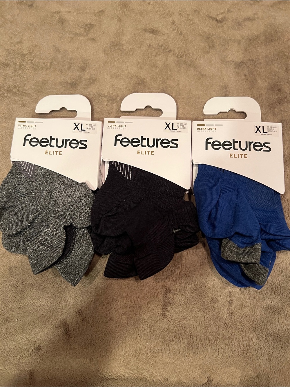Feetures Elite Ultra Light Socks - Gray, Black, Blue (XL) - 3Pack